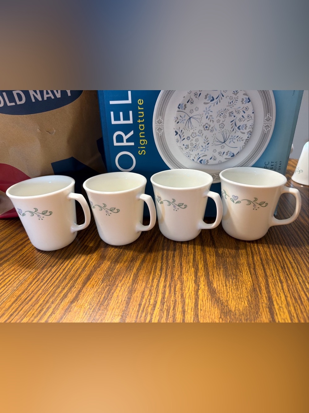 Corelle White Mugs with Green Vine Motif - Set of 4
